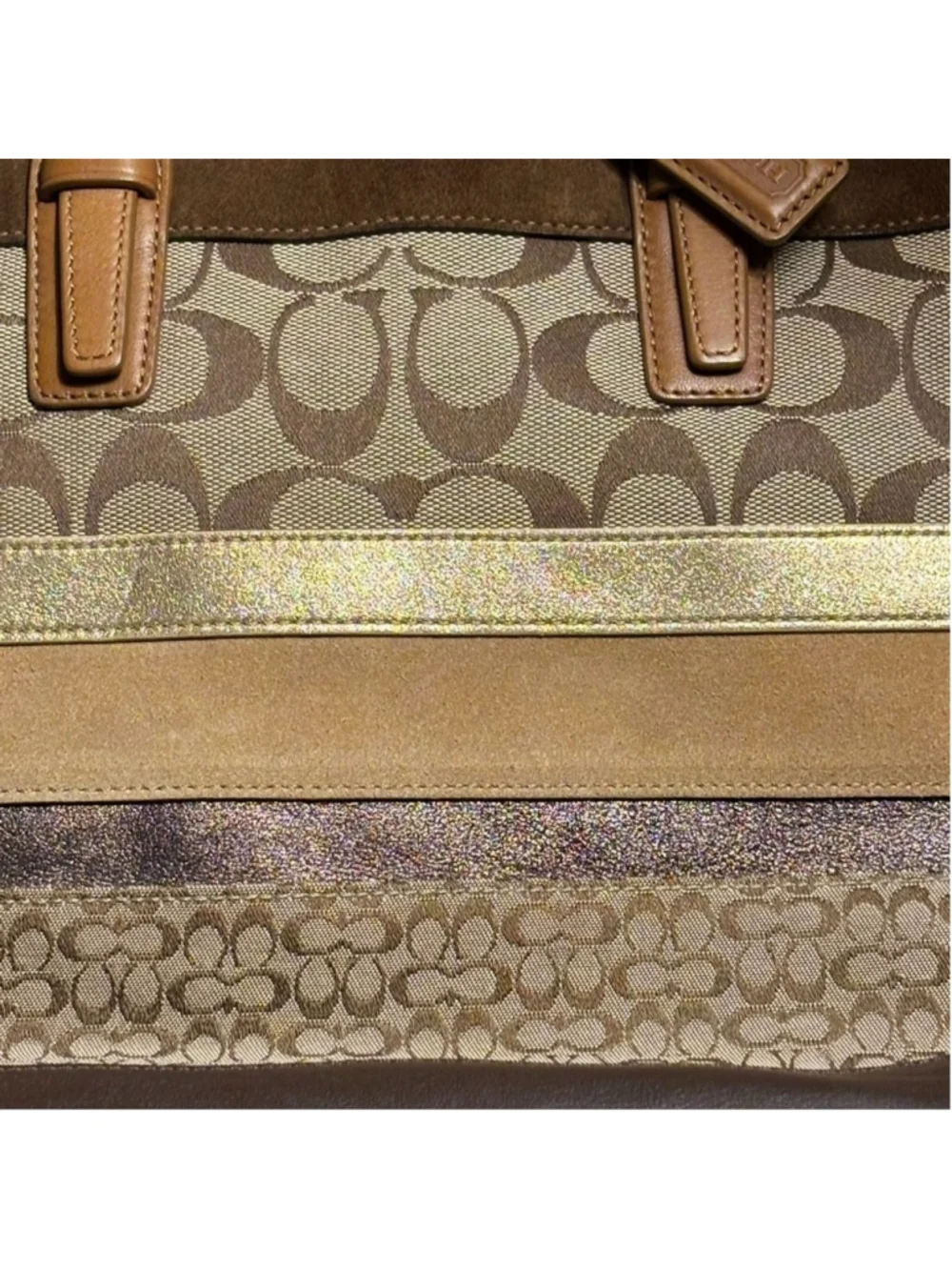 COACH HAMPTONS SIGNATURE PATCHWORK TOTE BAG NWOT BROWN BEIGE AND GOLD